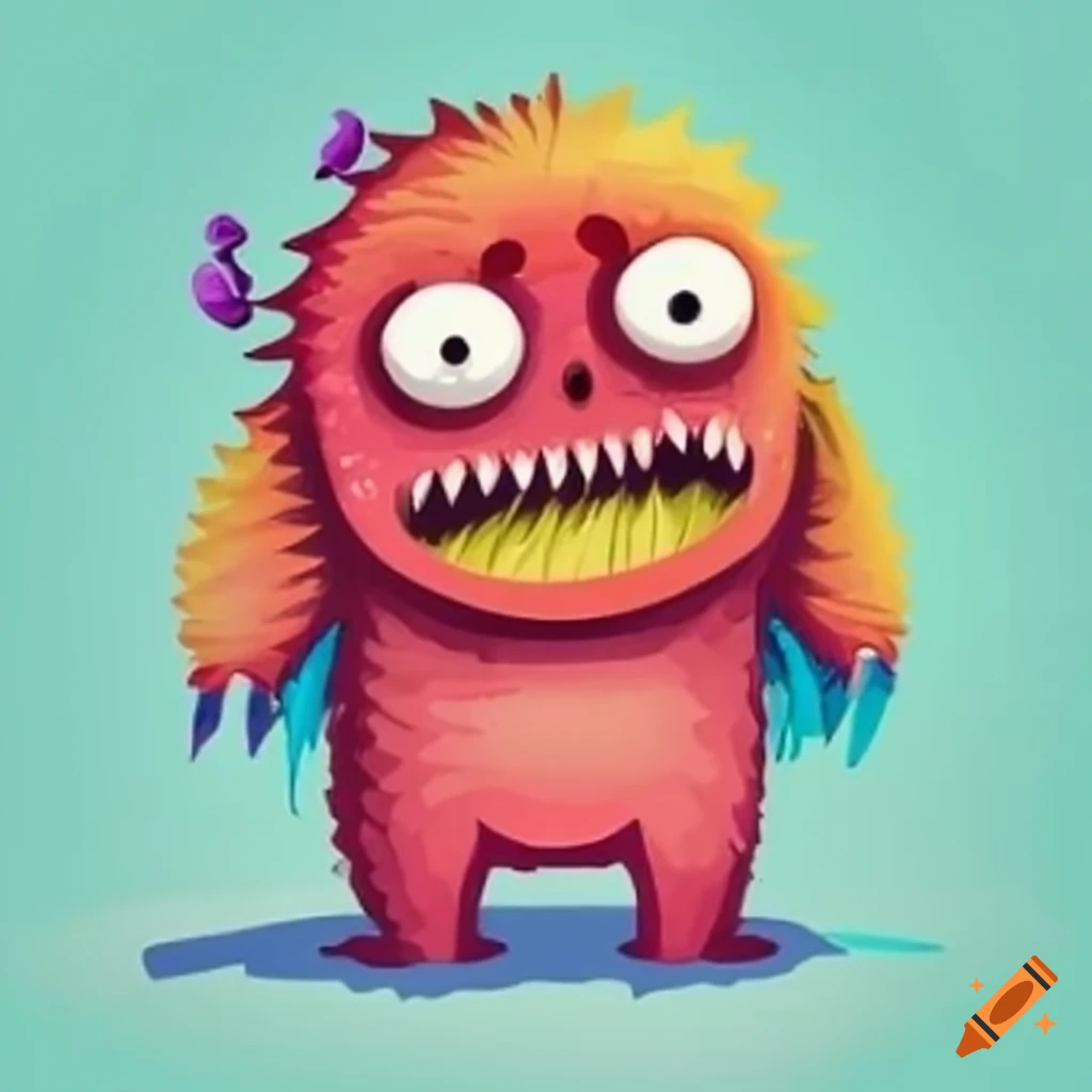 Big sad lonely monster in rainbow valley from a children's book