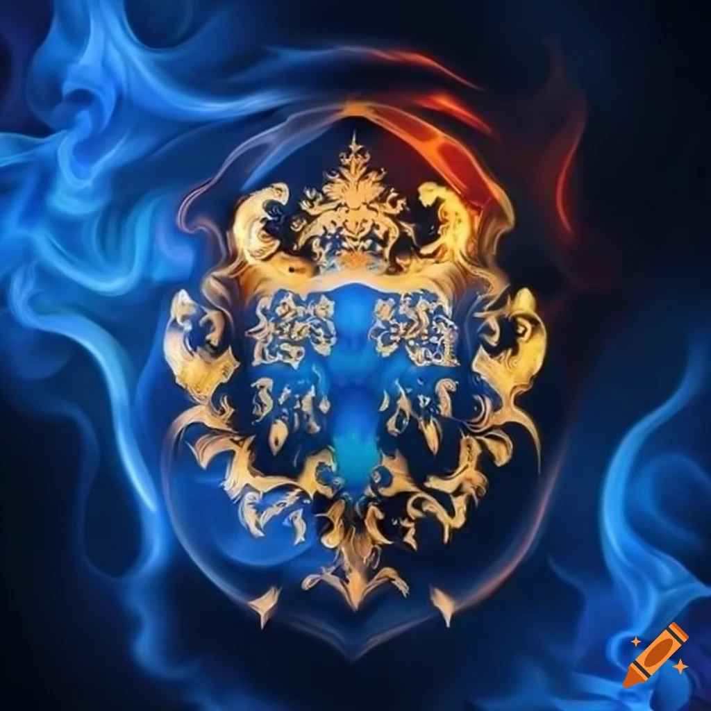 Luxurious crest with blue and fiery azure flame