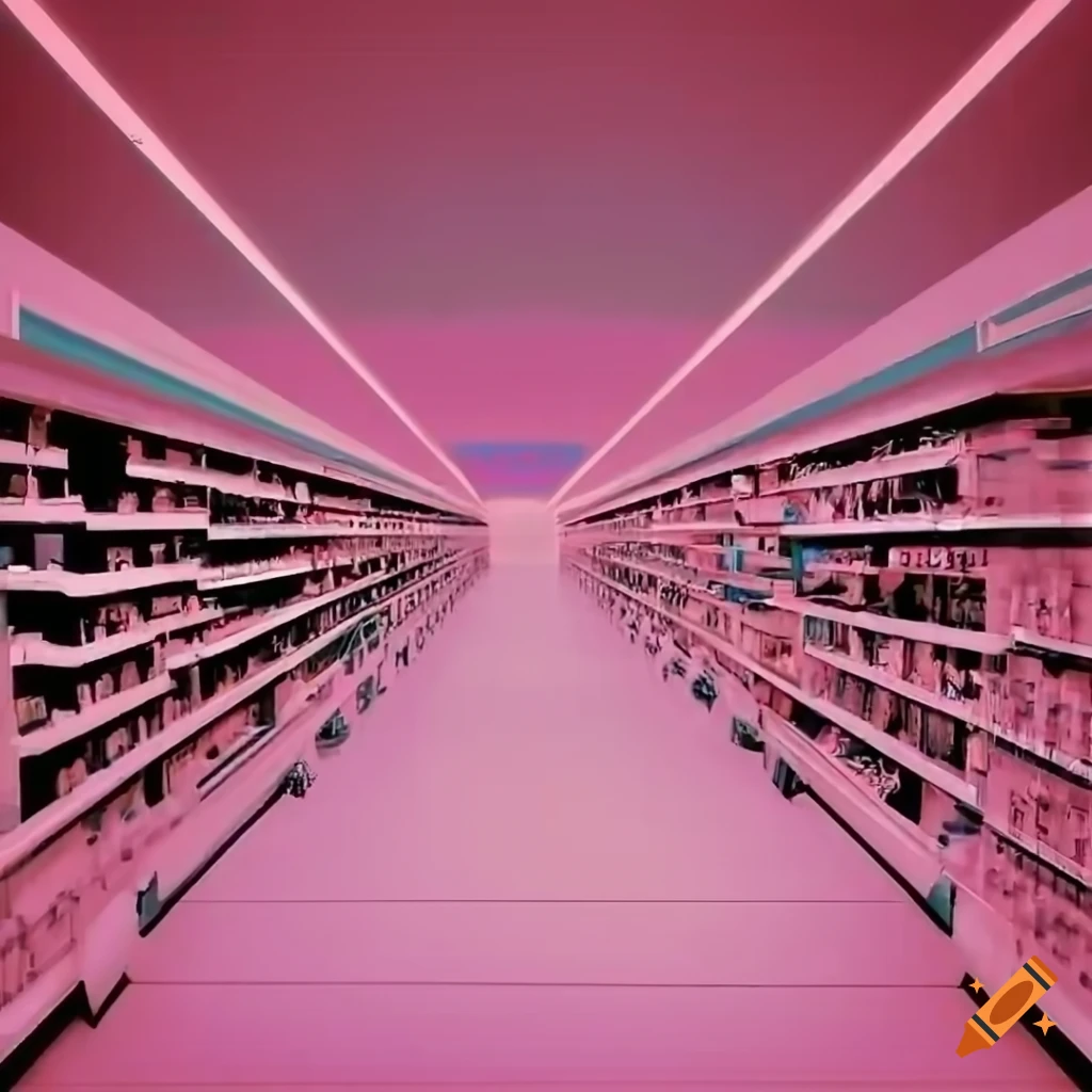 Nostalgic view down a kmart store aisle in a vintage vaporwave style on
