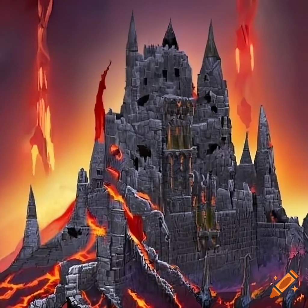 Inferno Citadel towering fortress on a volcanic mountain peak