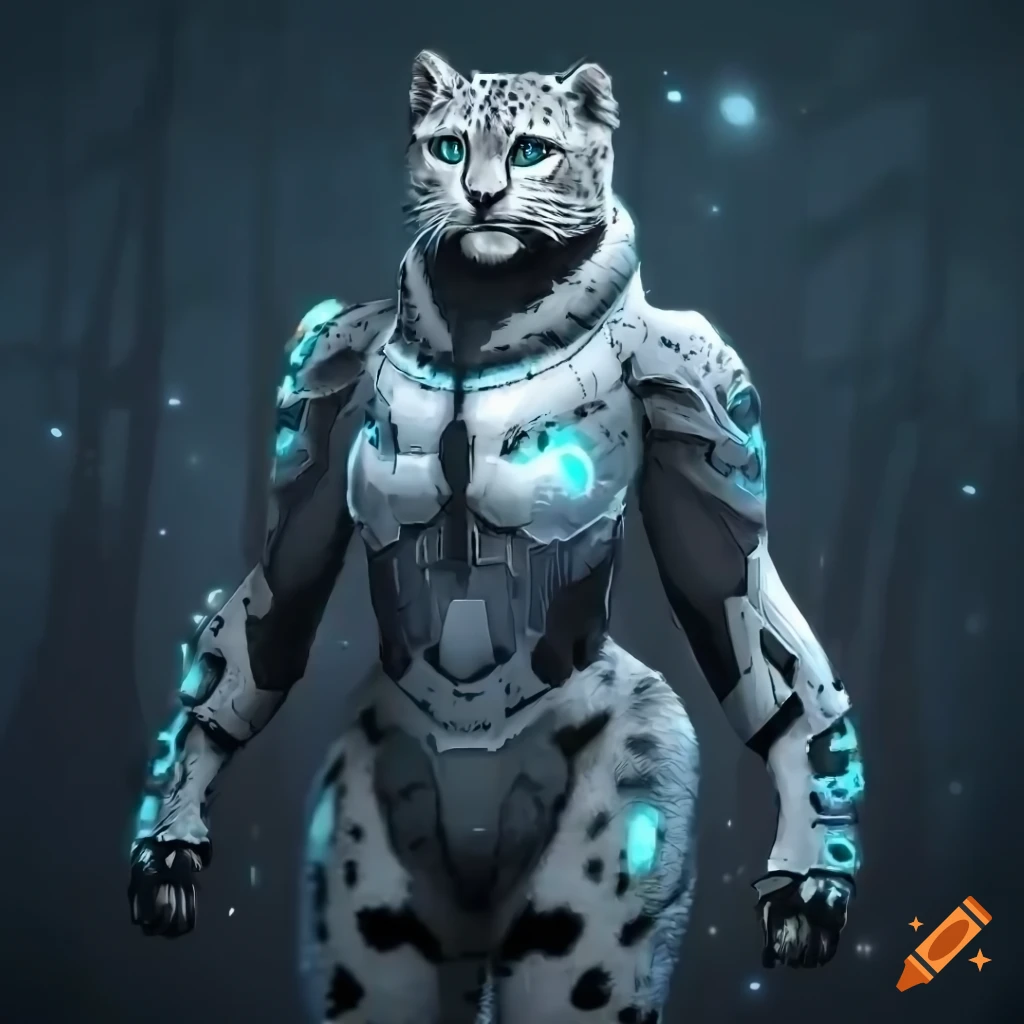Anthropomorphic snow leopard in futuristic armor standing in