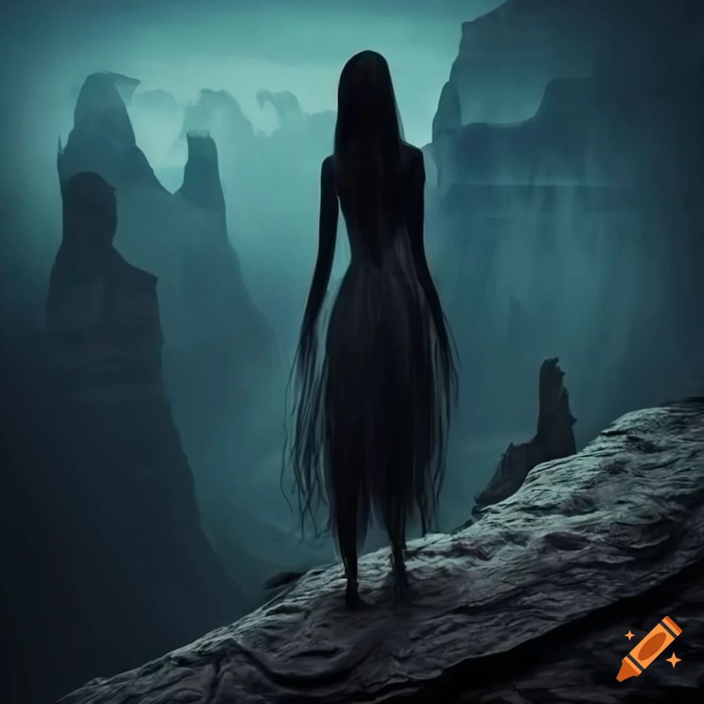 Woman standing on canyon rim in a scary setting