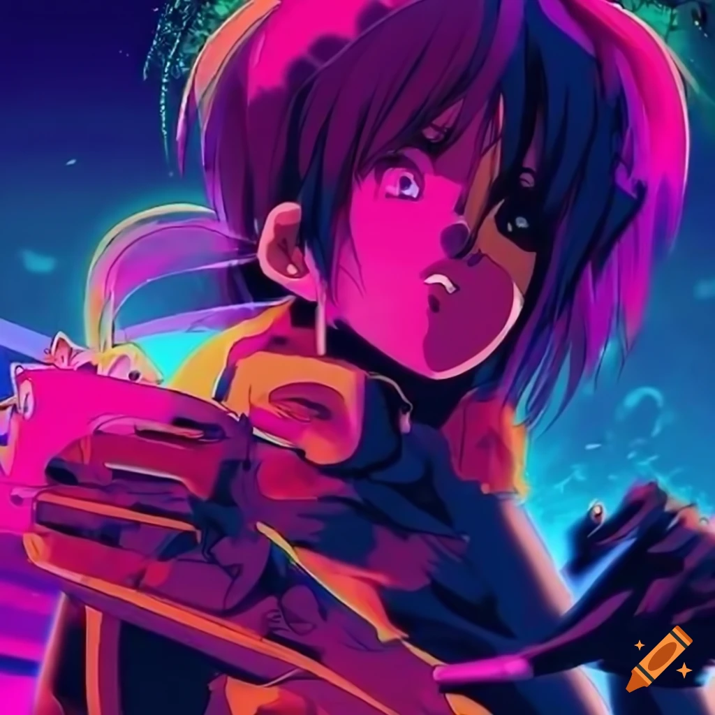 Group of diverse characters in vibrant 90s anime style in a futuristic setting