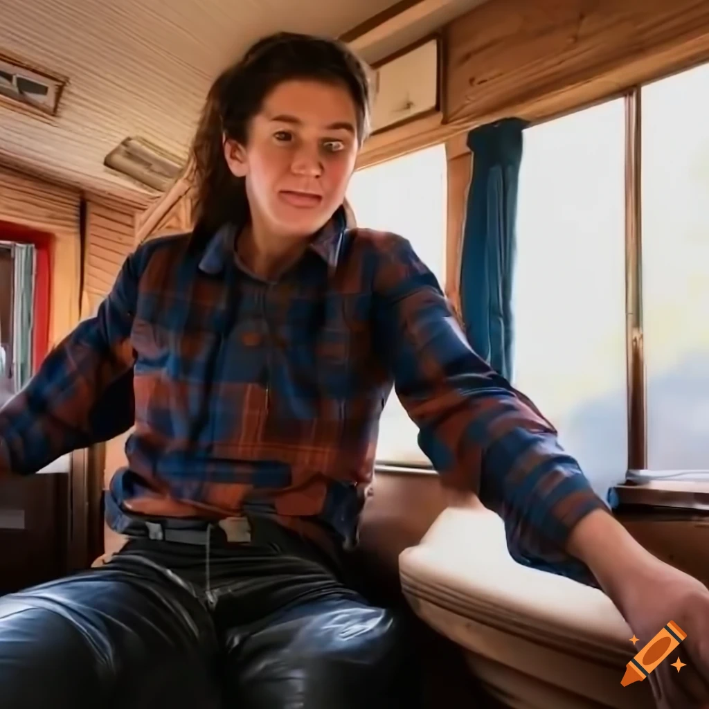 Irimia twins singers in orange plaid shirt and black leather trousers at caravan doorway