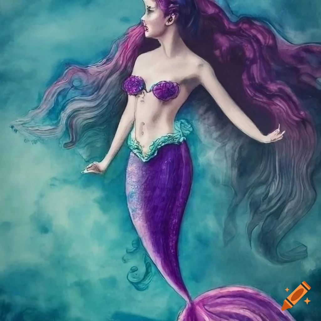 The Little Mermaid in a monochrome watercolor style with vibrant highlights, set in a detailed etching under the sea