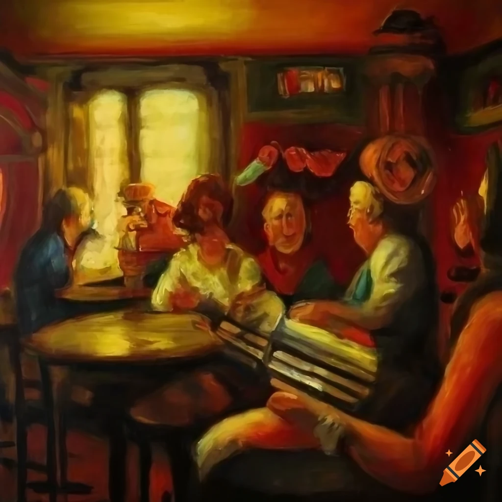 Old painting of an Irish pub with musicians