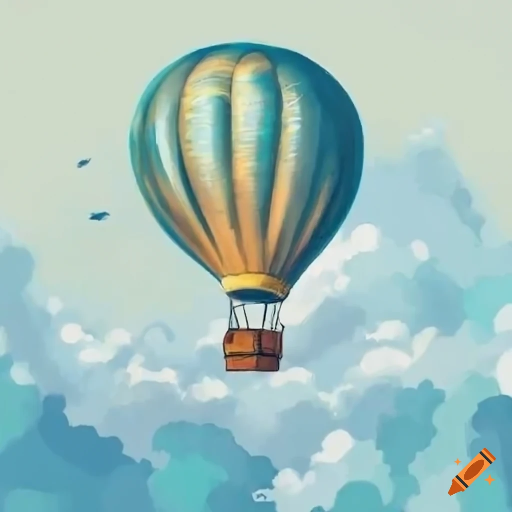 Pencil drawing of hot air balloons in a white sky with cartoon clouds