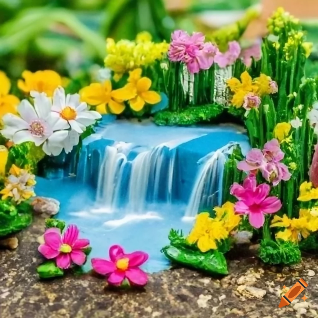 Diorama of a spring lake with trees, waterfall, and floating flowers