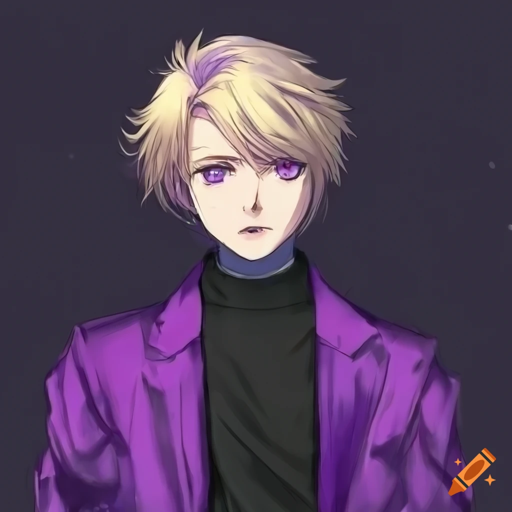 Anime styled young man with blonde hair and glowing purple eyes on Craiyon
