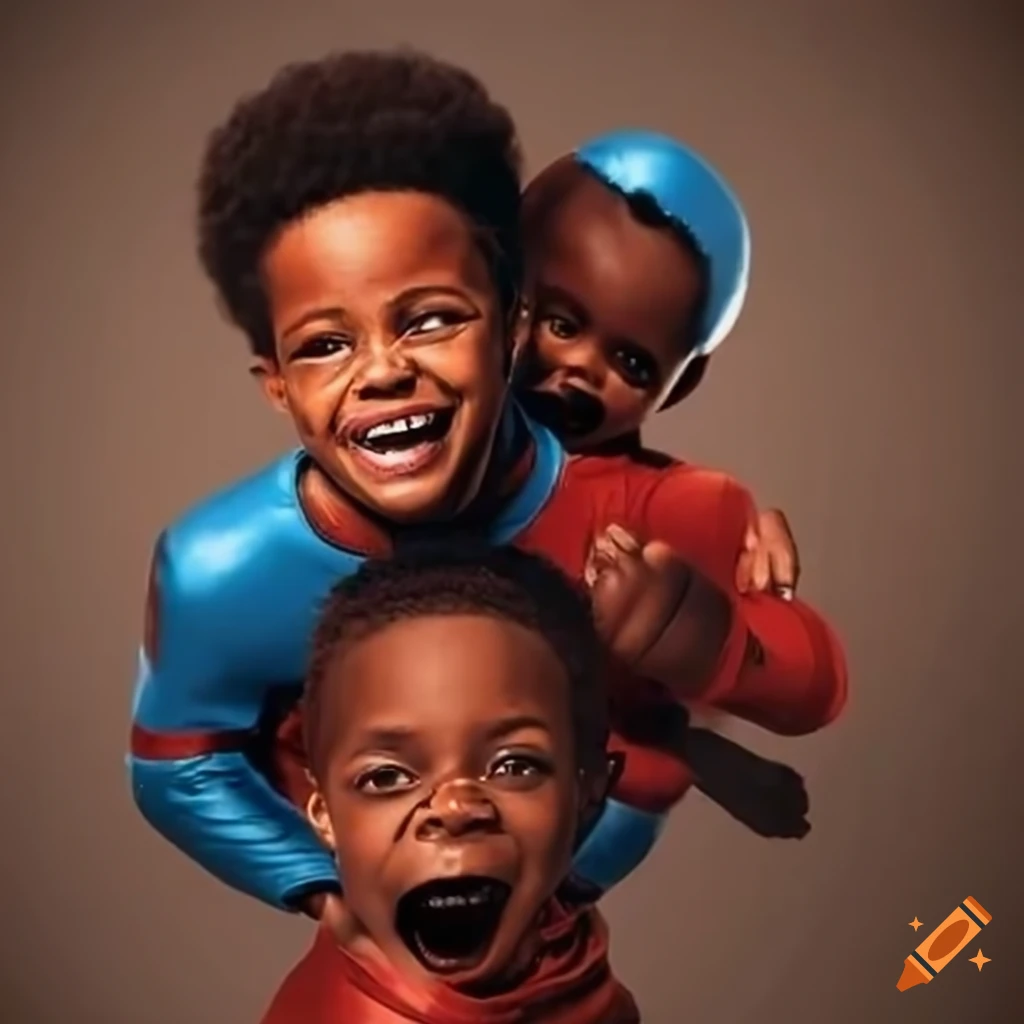 Three joyful young brothers dressed as comic book heroes in an action-packed scene