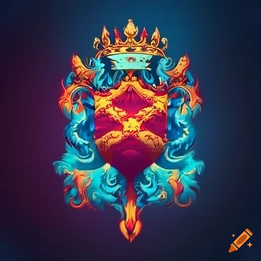 Creatively designed coat of arms with stylized blue flame