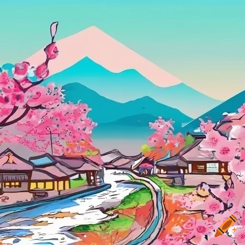 Japanese village with cherry blossoms and scenic mountains