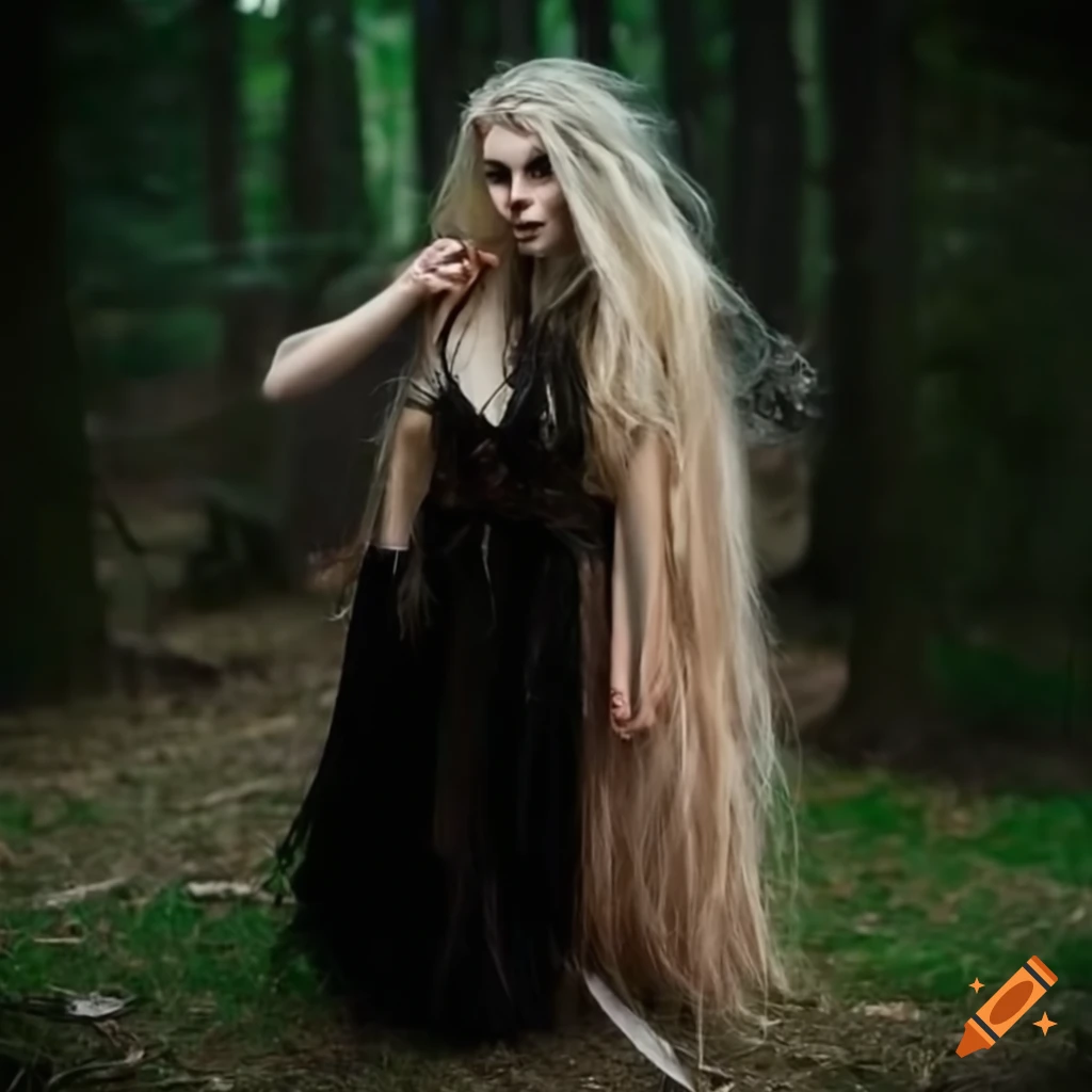 Scary witch with long blonde hair in boho attire eating meat and ...