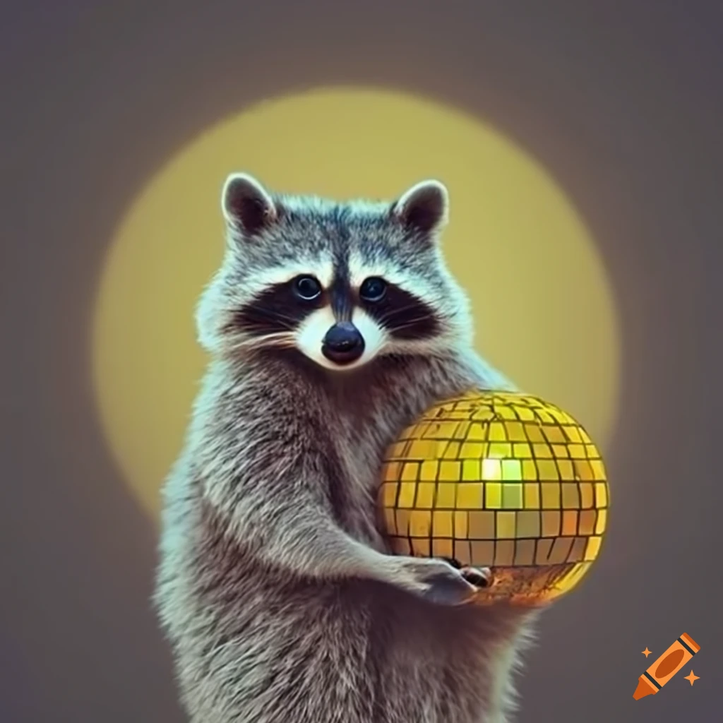 Raccoon next to a giant yellow disco ball