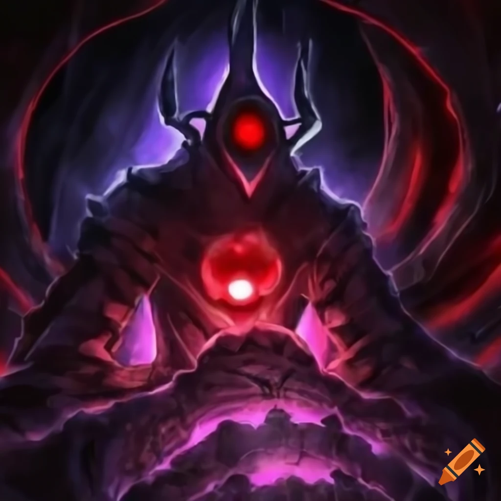 Dark cave with glowing red eyes in a Yu-Gi-Oh art style