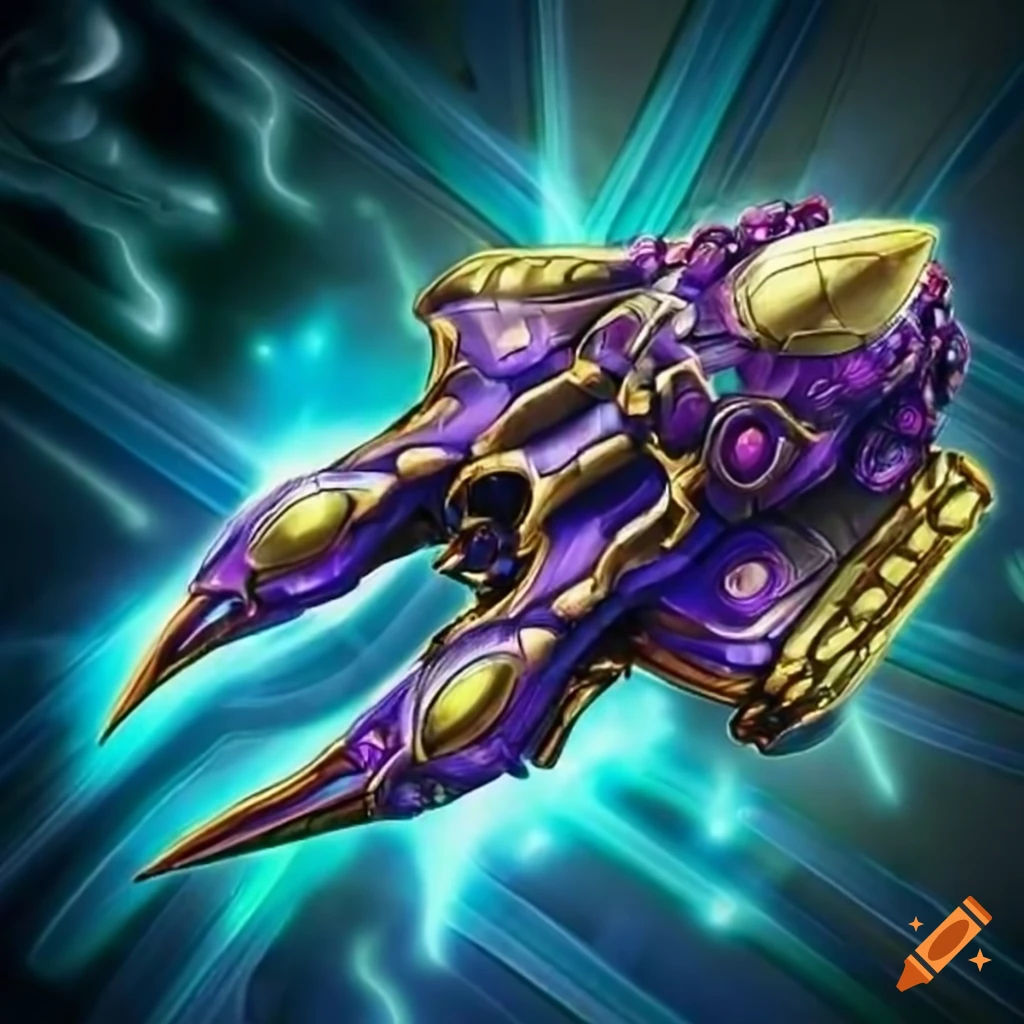 Intricately detailed metallic spaceship with insectoid elements in Yu-Gi-Oh universe