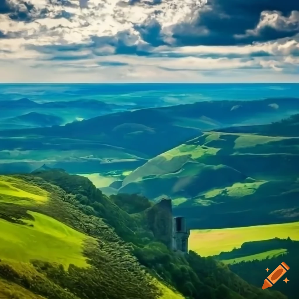 Valley landscape with castle among rolling hills under a sunburst sky