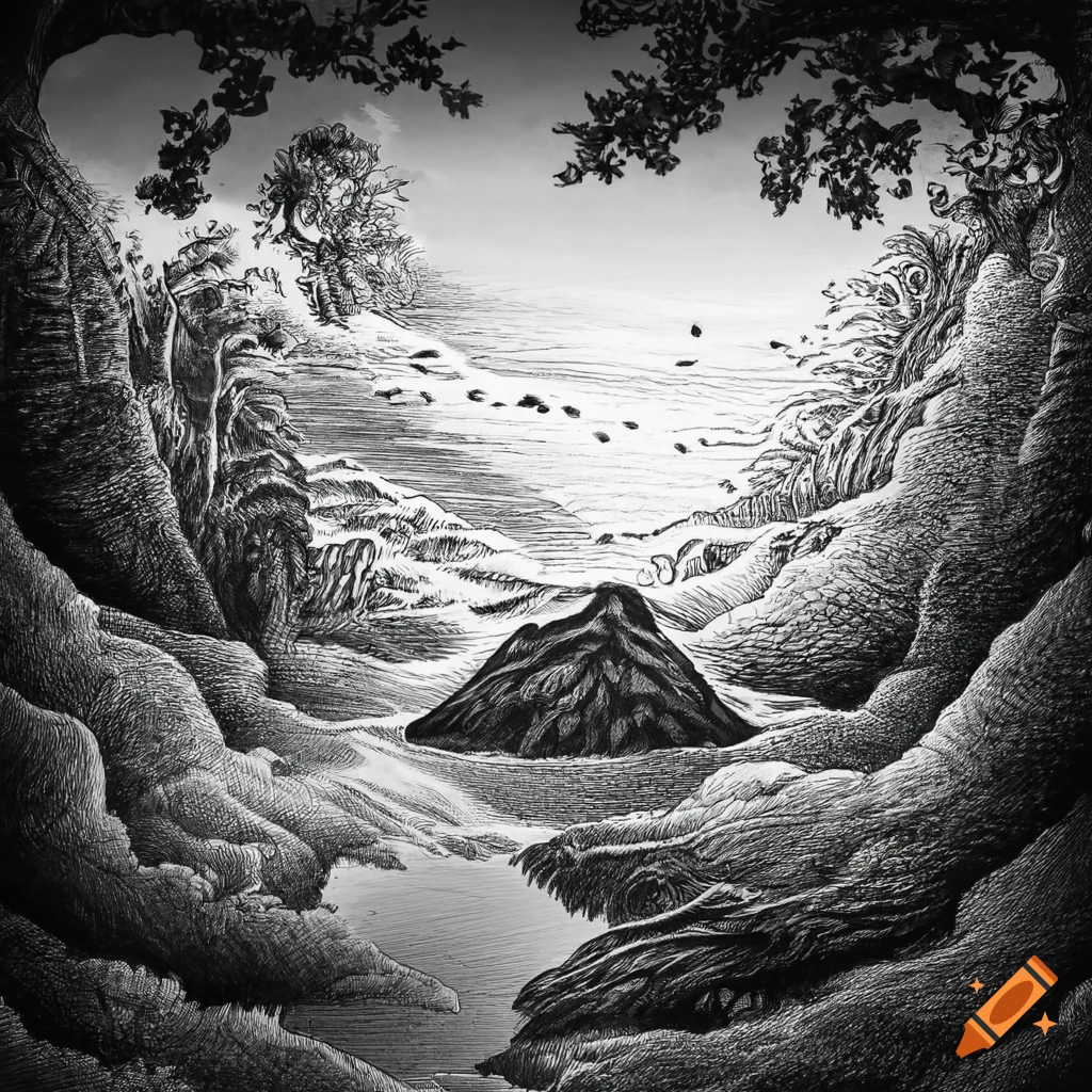 Black and white pencil drawing or engraving of a surrealistic nature ...