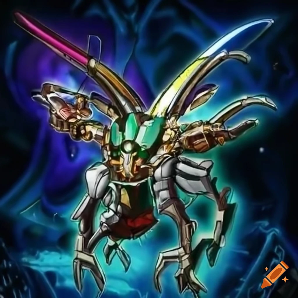 Intricately detailed metallic spaceship with insectoid elements in Yu-Gi-Oh universe