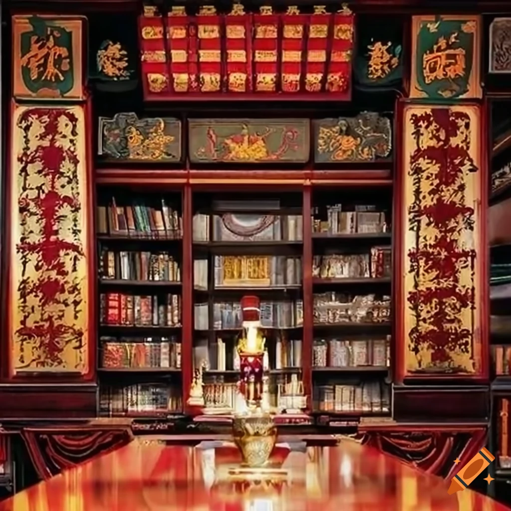 Traditional Chinese Feng Shui office with a library and decorations