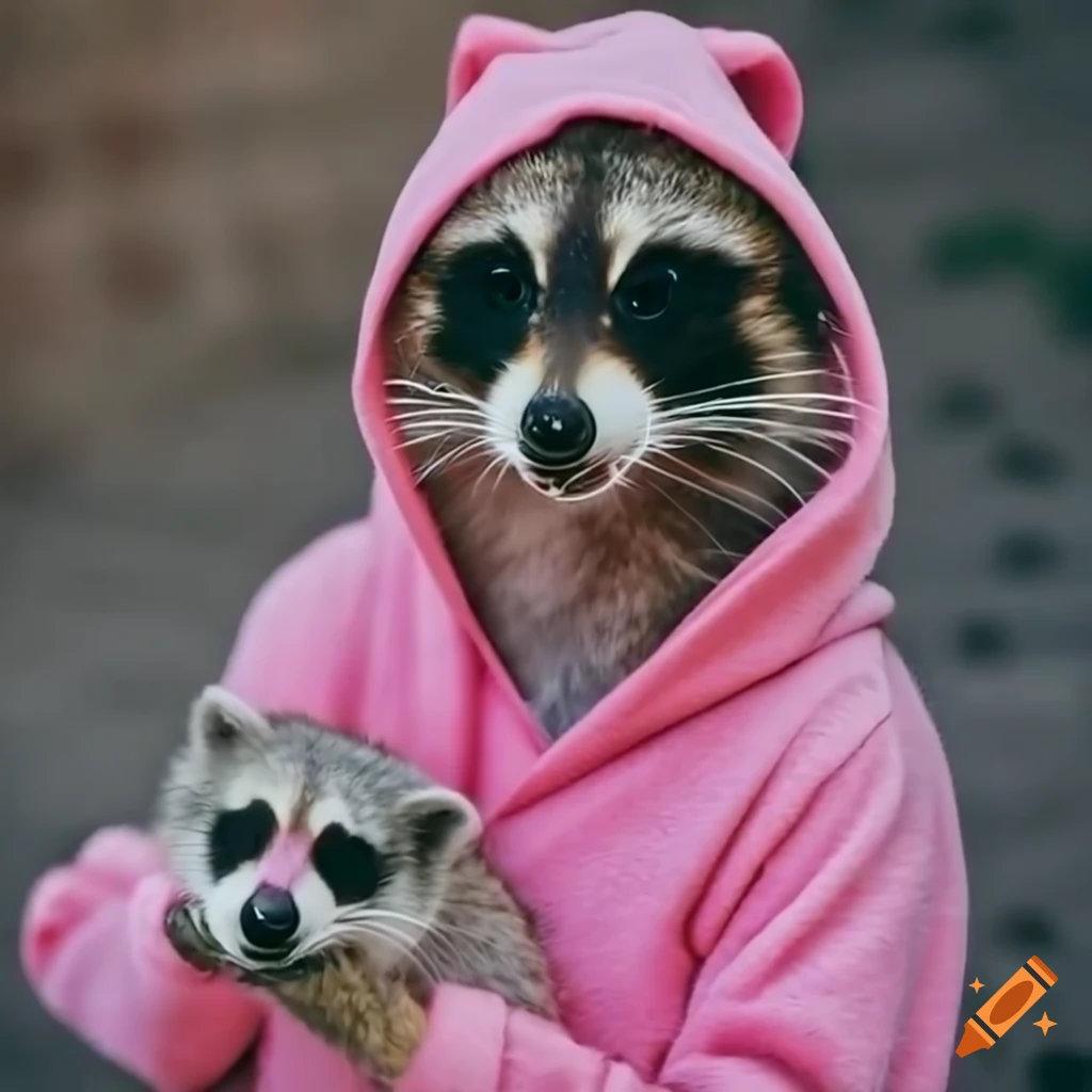 Raccoon in pink hoodie and sunglasses eating spaghetti with marinara sauce outdoors