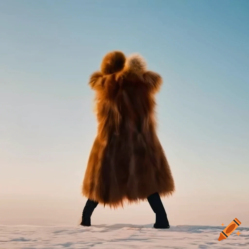 Happy older woman in a fur coat dancing on a sunny street