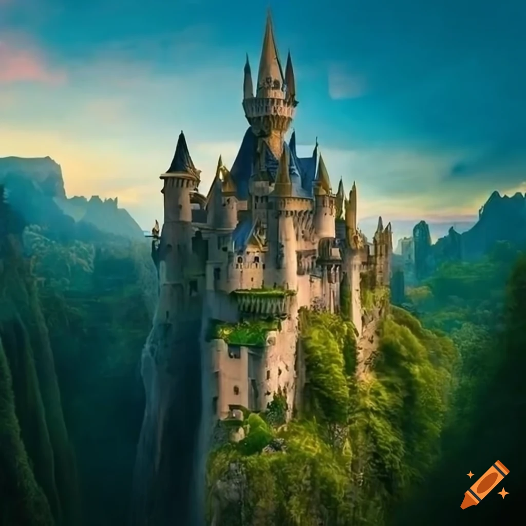 Majestic hyperrealist fairytale castle with lush hanging gardens on Craiyon