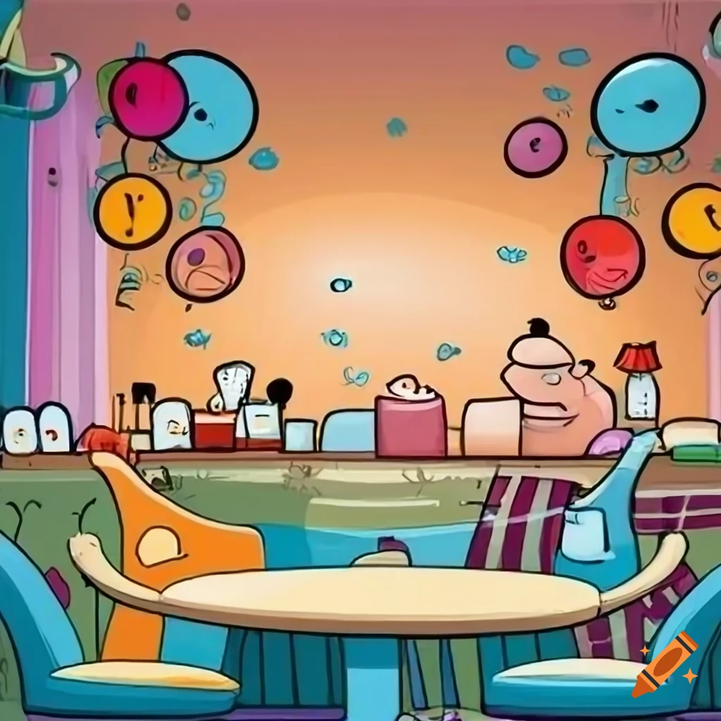 Colorful cartoon illustration of a café background inspired by Central Perk friends