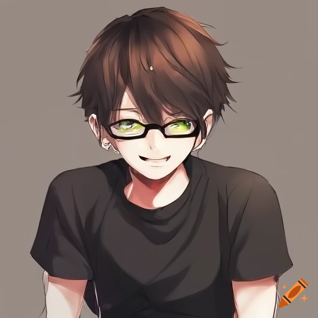Anime guy with short brown hair, green eyes, and glasses smiling in a black t-shirt