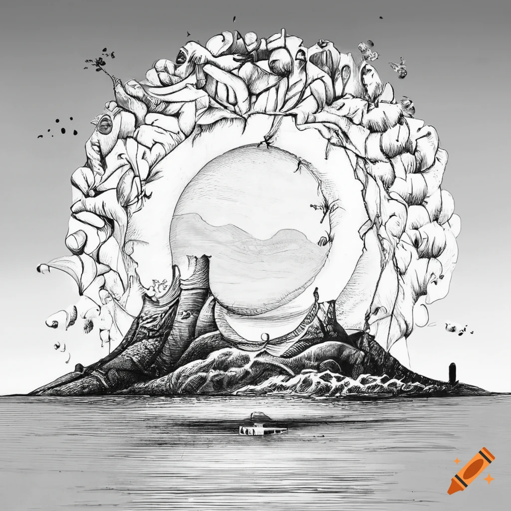 Black and white drawing of surrealistic nature with river bubbles ...