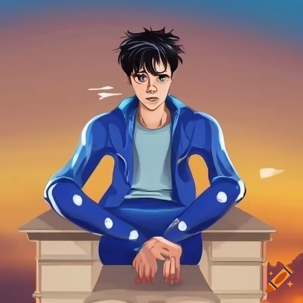 Handsome Greek swimmer in cobalt spandex leggings and jacket sitting at the bank