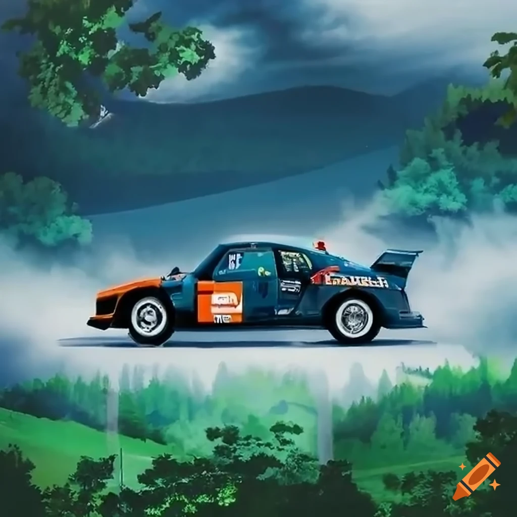 Two rally cars racing through a cloud-filled forest in a fantasy ...