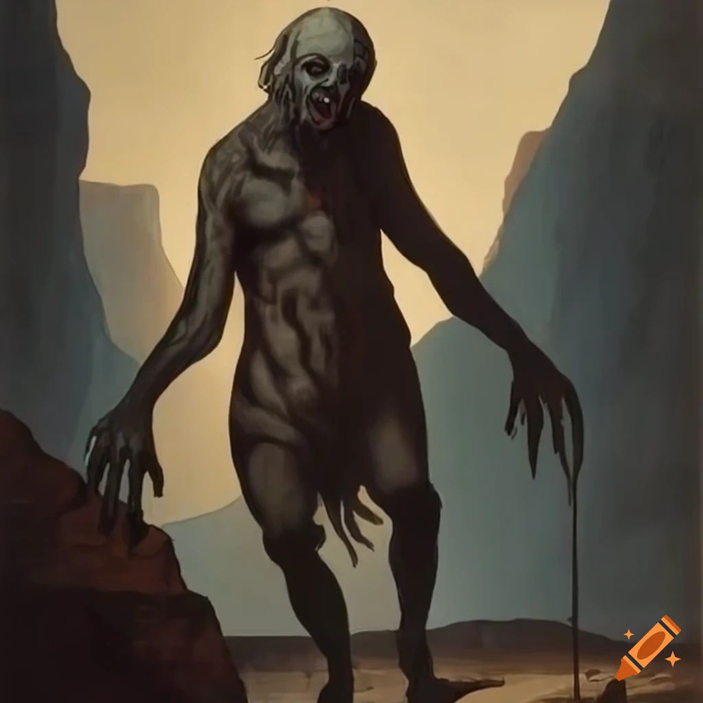 Ghoul on the rim of a large canyon in Goya style