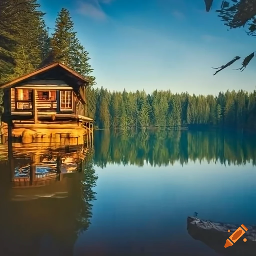 Tranquil cabin among trees with a sunlit lake view on Craiyon