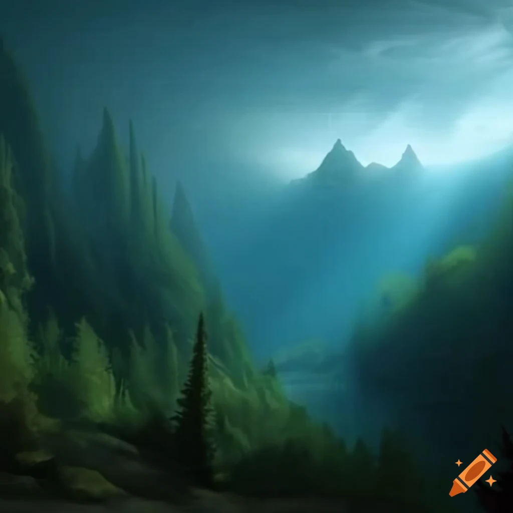 Mountain lake with god rays shining in the background