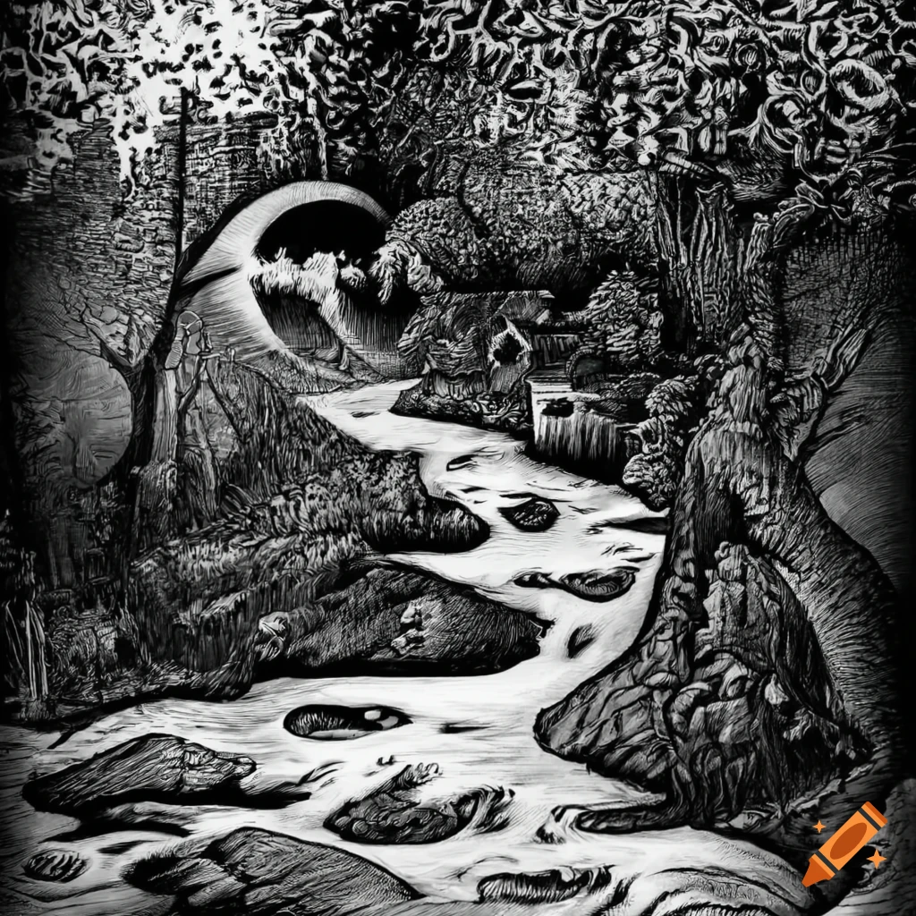 Surreal black and white drawing or engraving of a nature scene with ...
