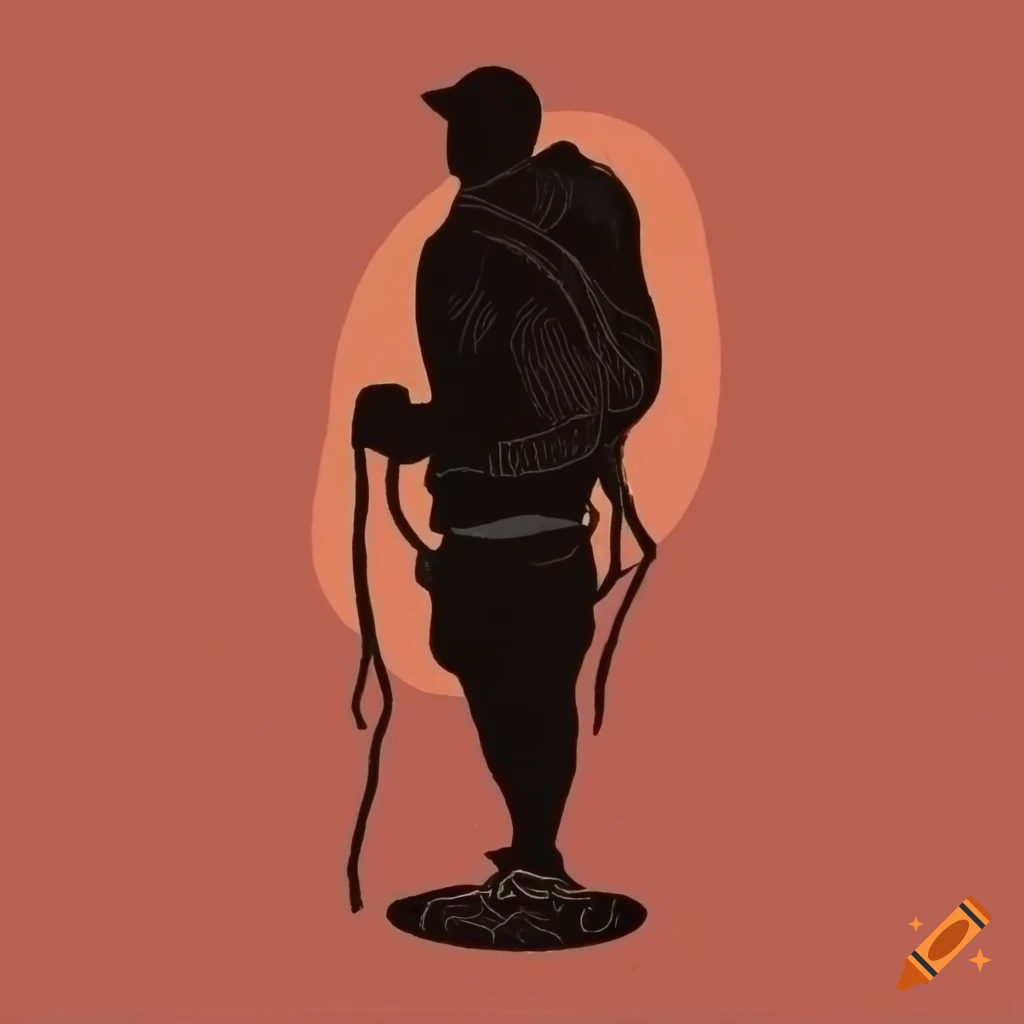 Silhouette of a mountaineer with a rope in linocut style