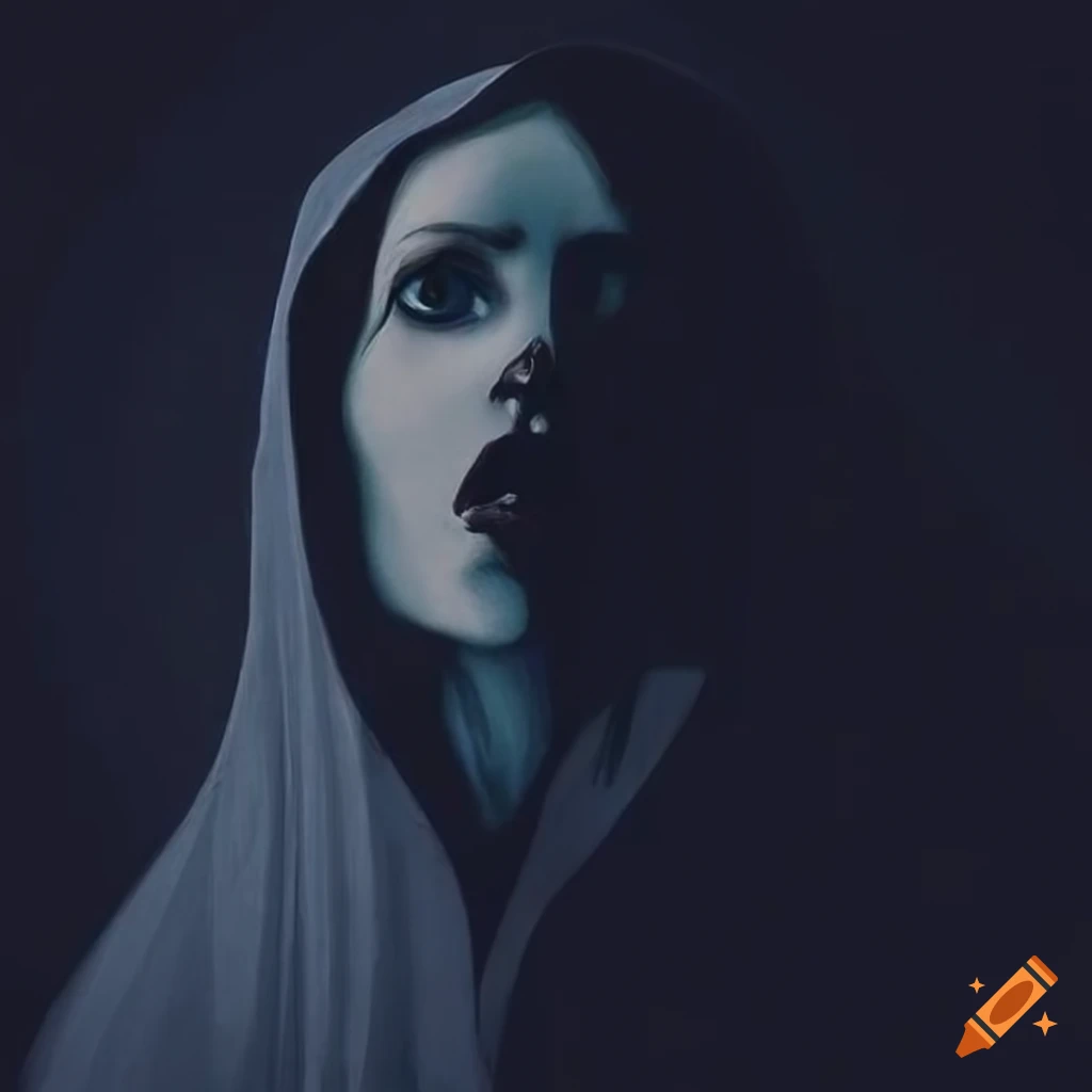 Gothic woman at the edge of a vast canyon in Goya-inspired style