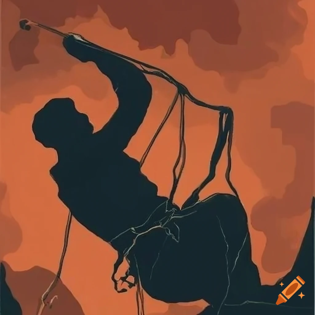 Rock climber ascending a canyon in Goya style artwork