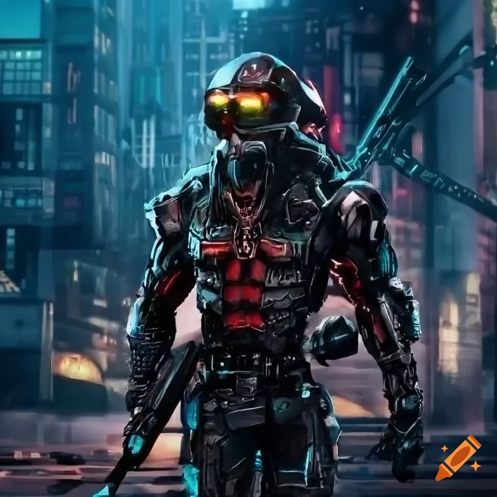 Cybernetic godlike figure with a cool helmet in a broken city