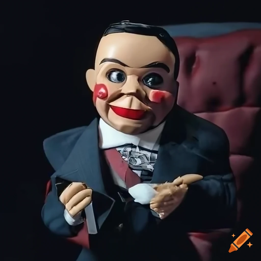 Ventriloquist dummy resembling rep. mike johnson studying visuals on a