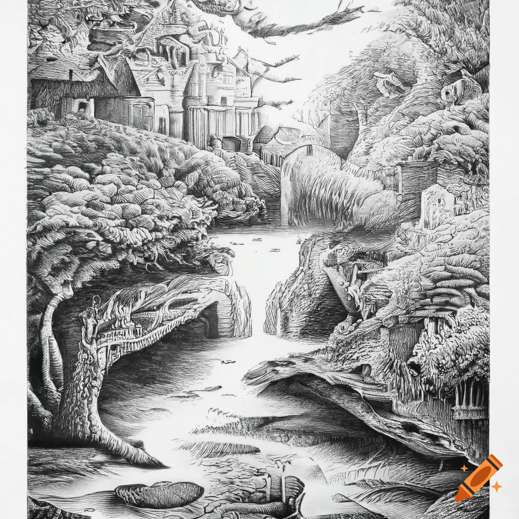 Nature surrealistic black and white drawing resembling Escher's style ...