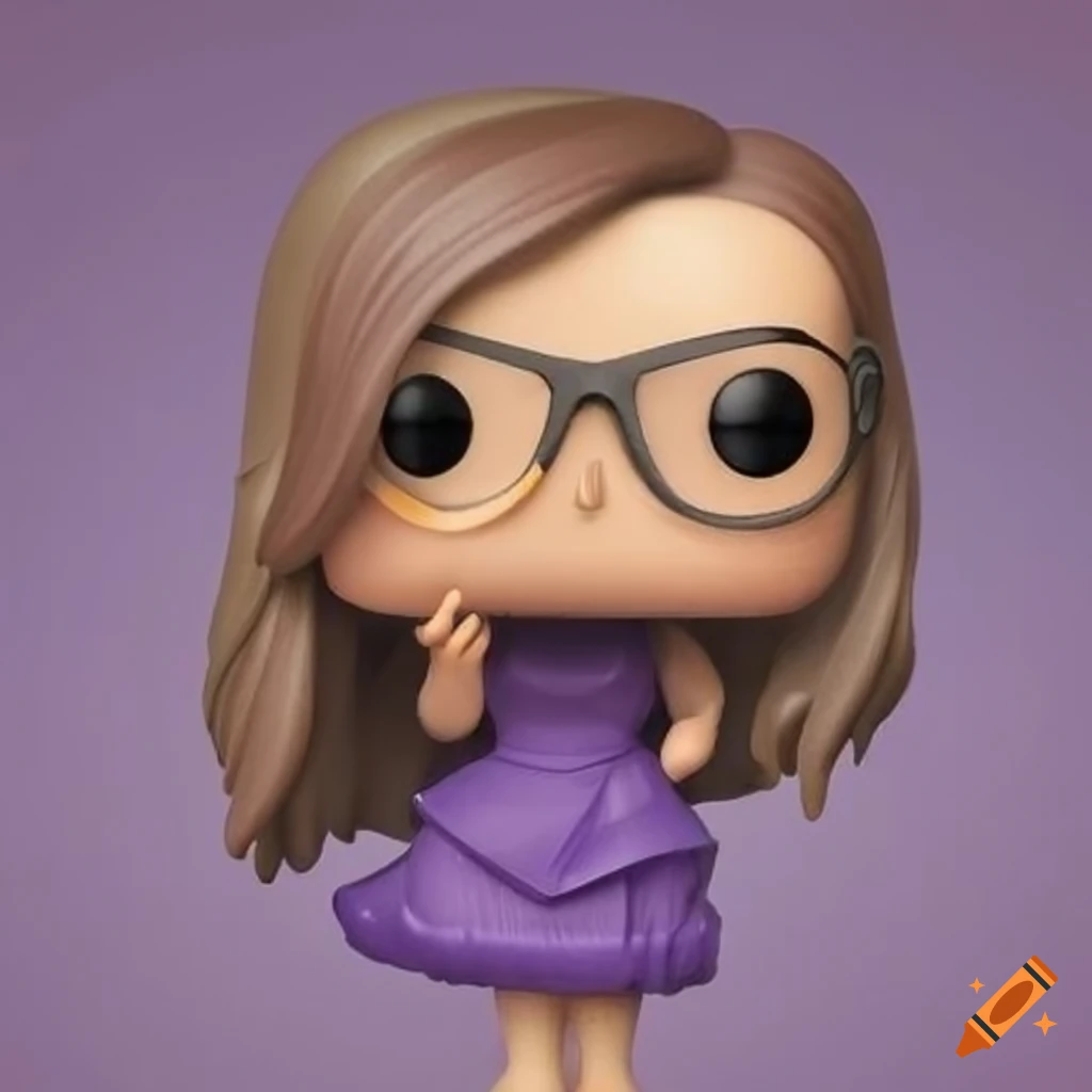 Funko Pop woman with long brown hair, purple dress, pink shoes, and big glasses