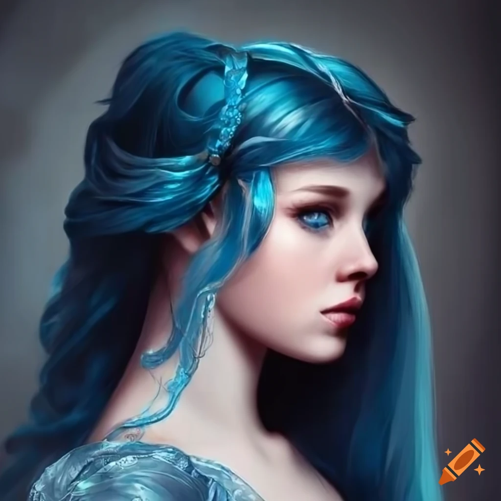 Young woman with dark blue hair and light blue eyes in a noble dress on ...