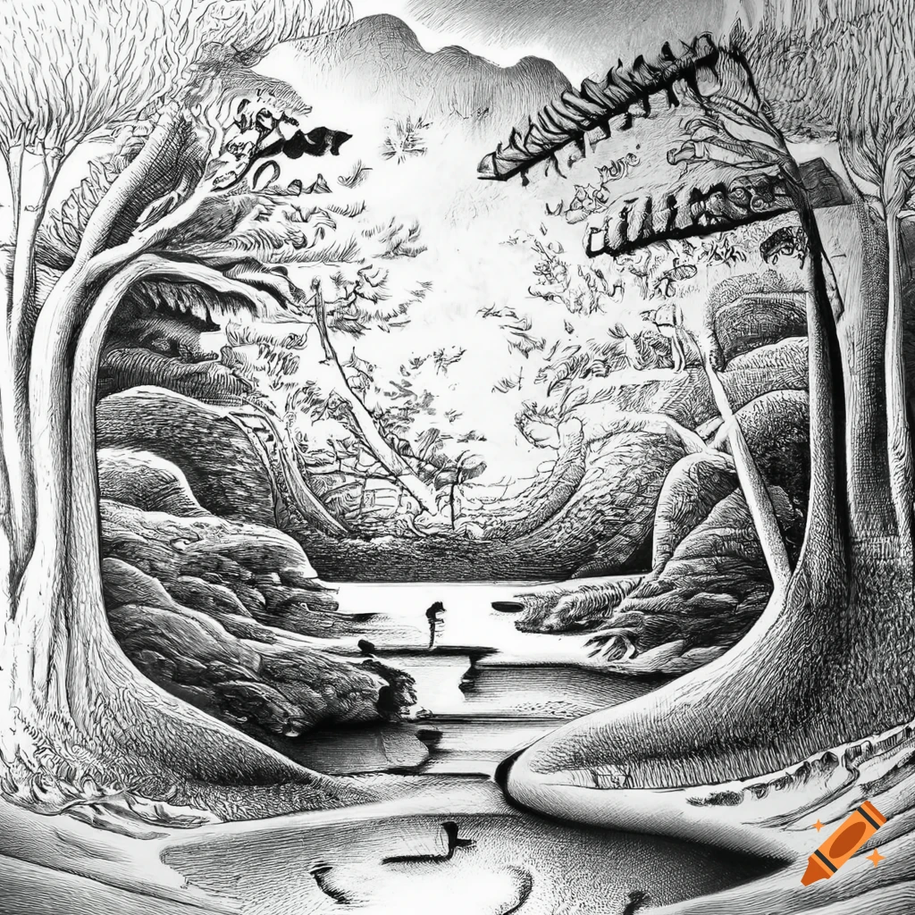 Surreal black and white drawing or engraving of a river with bubbles ...