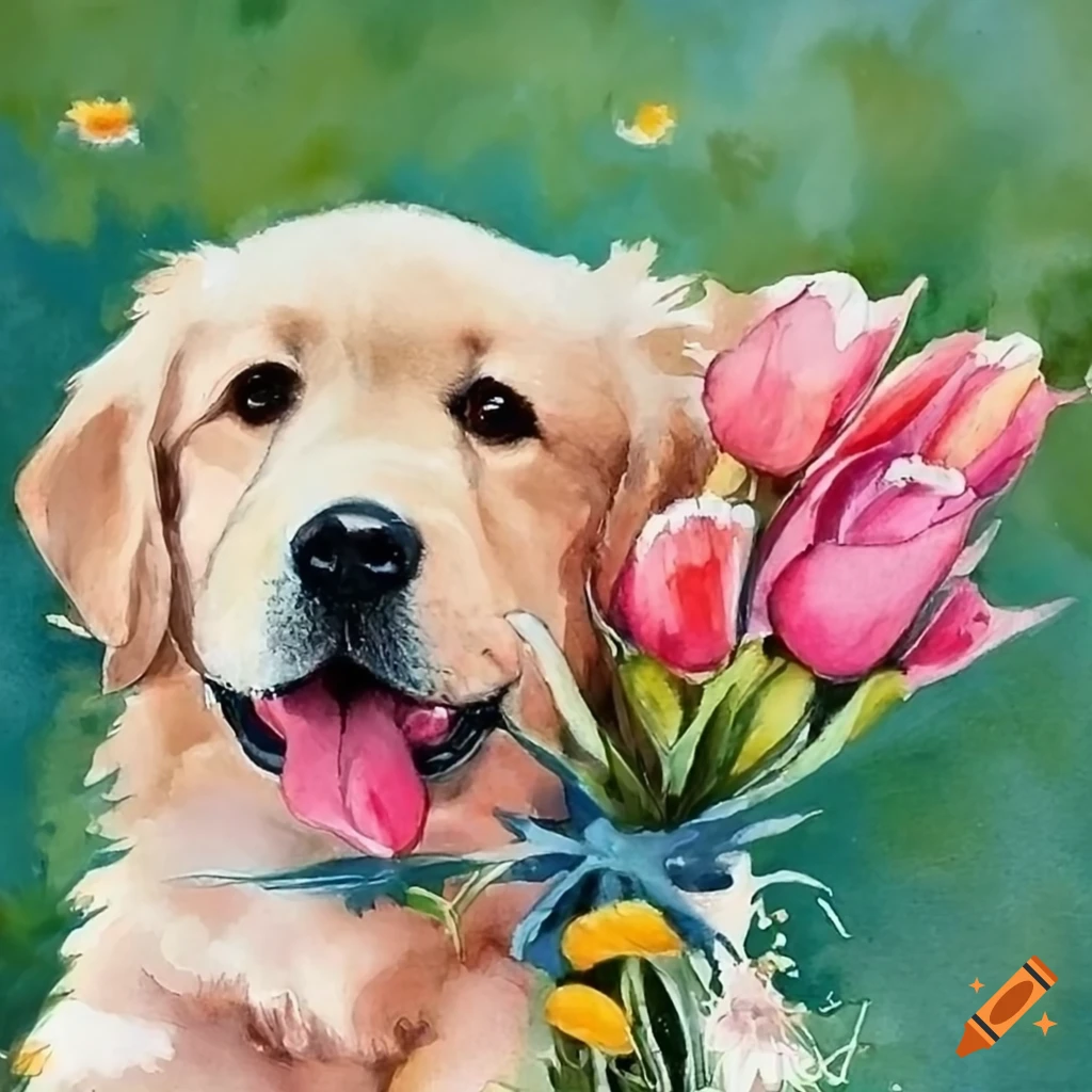 Golden retriever puppy with a bouquet of flowers in a watercolor ...