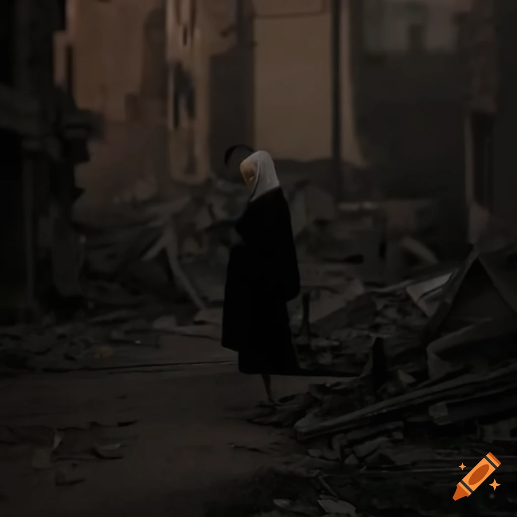 Muslim woman navigating through war-torn Gaza streets
