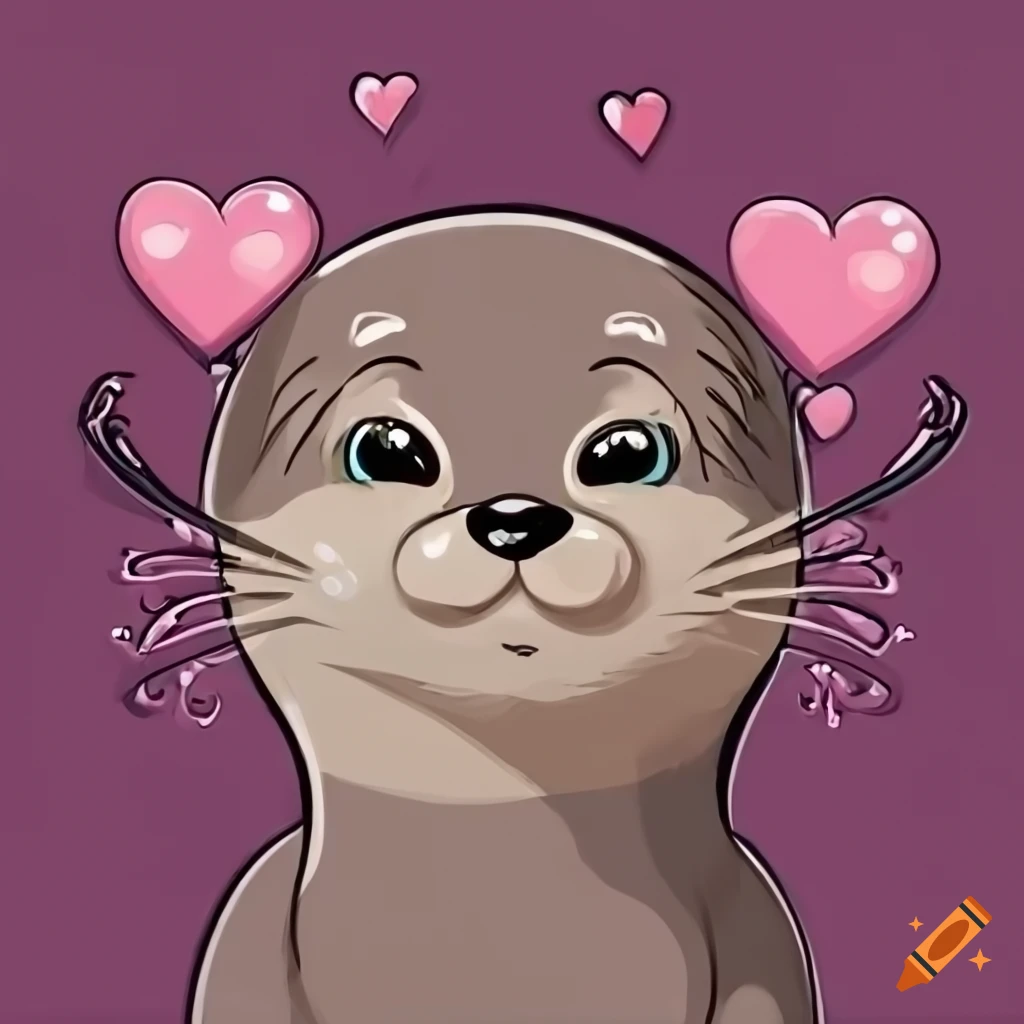 Cartoon otter holding an 'I Love You' sign with hearts in its eyes