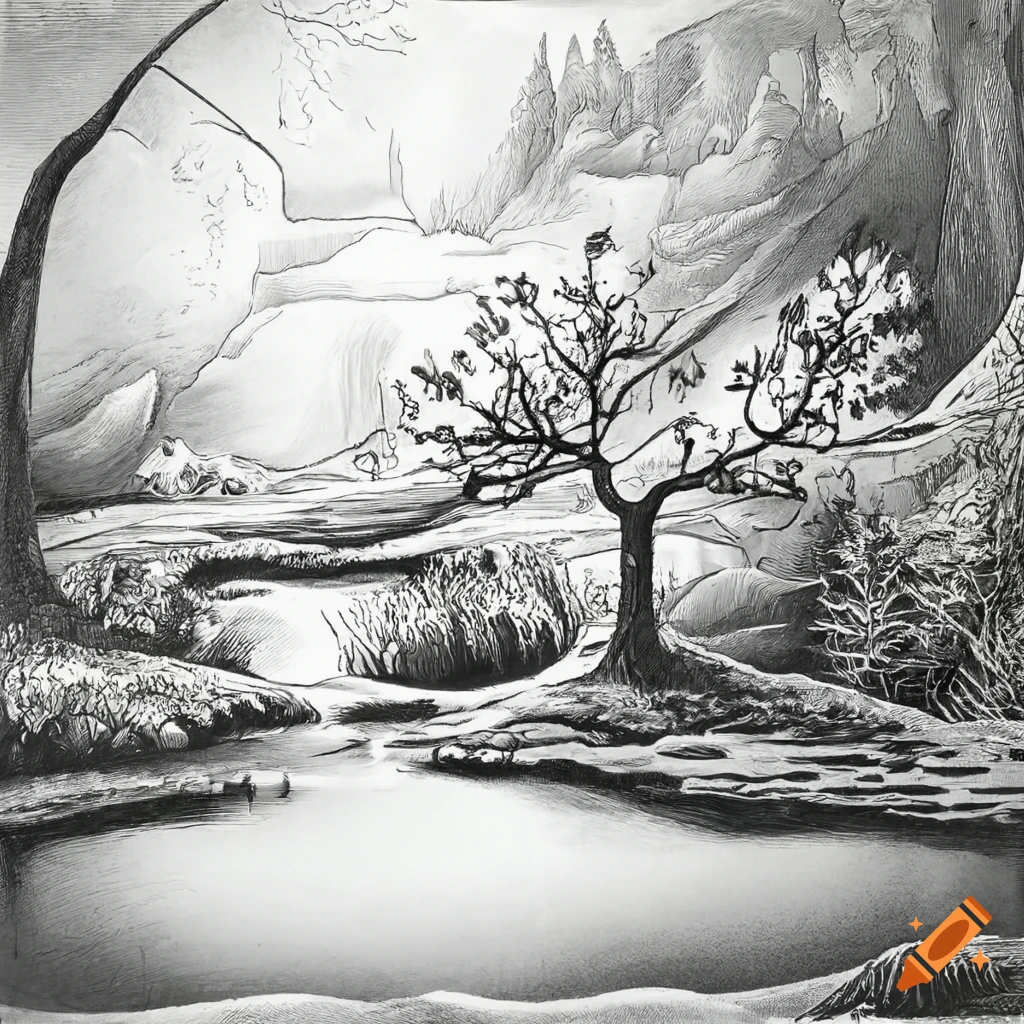 Pencil drawing or black and white engraving of a surreal nature with a ...