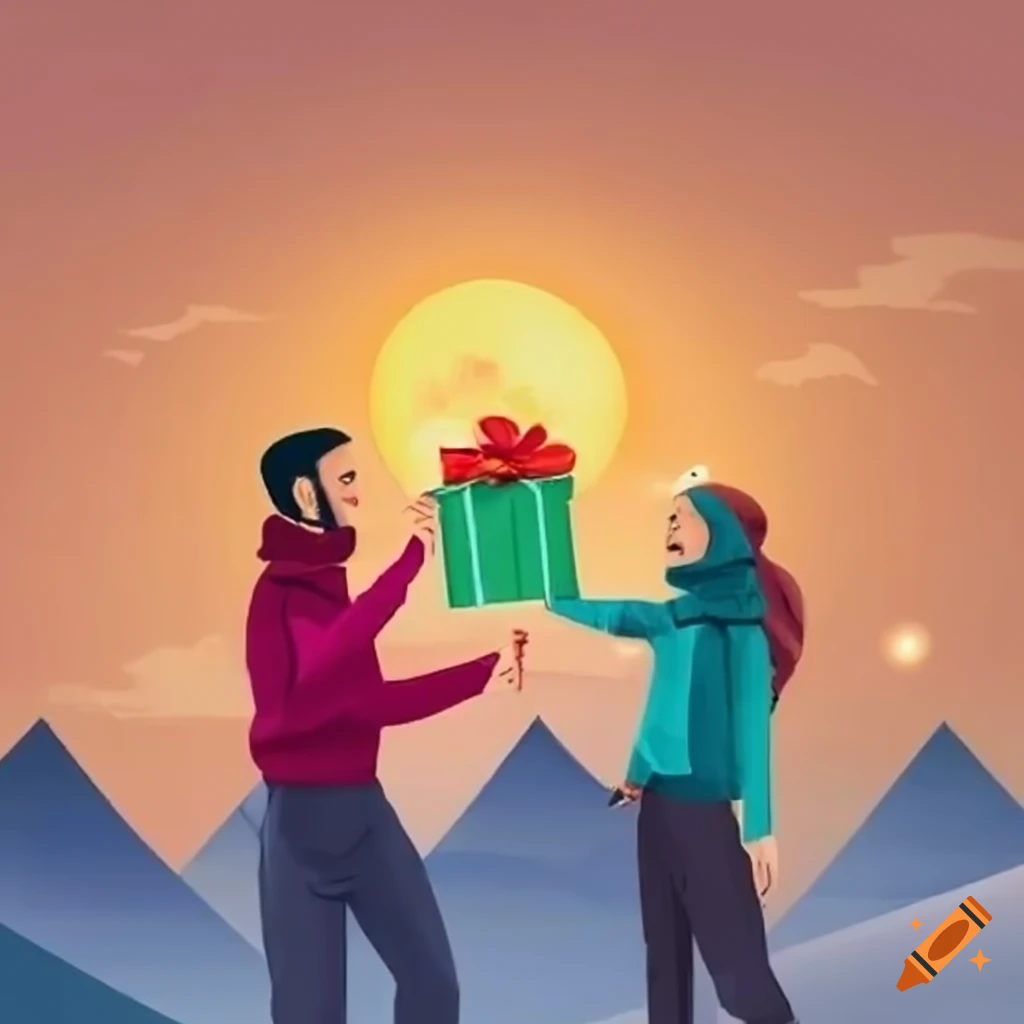 Two hikers exchanging gifts in the mountains during Ramadan
